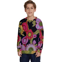Mid Century Retro Floral 1970s 1960s Pattern 70 Kids  Crewneck Sweatshirt by violetheavensky