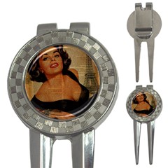 Vintage Newspaper Print Pin Up Girl Paris Eiffel Tower Golf Pitchfork & Ball Marker by chicelegantboutique
