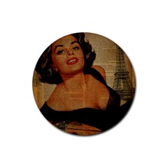 Vintage Newspaper Print Pin Up Girl Paris Eiffel Tower Drink Coaster (round) by chicelegantboutique