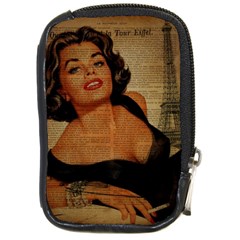 Vintage Newspaper Print Pin Up Girl Paris Eiffel Tower Compact Camera Leather Case by chicelegantboutique