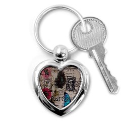 Floral Scripts Blue Butterfly Eiffel Tower Vintage Paris Fashion Key Chain (heart) by chicelegantboutique