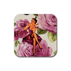 Cute Purple Dress Pin Up Girl Pink Rose Floral Art Drink Coaster (square) by chicelegantboutique