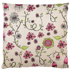 Pink Whimsical Flowers On Beige Large Cushion Case (single Sided)  by Zandiepants