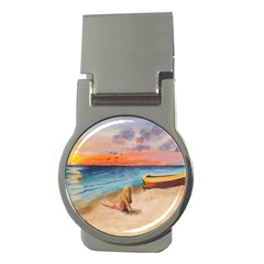 Alone On Sunset Beach Money Clip (round) by TonyaButcher