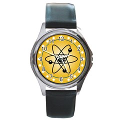 Atom Symbol Round Leather Watch (silver Rim) by StuffOrSomething