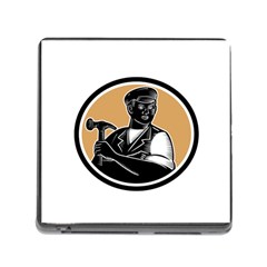 Carpenter Holding Hammer Woodcut Memory Card Reader With Storage (square) by retrovectors