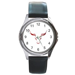 Stylized Symbol Red Bull Icon Design Round Leather Watch (silver Rim) by rizovdesign