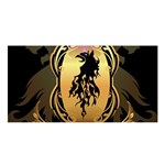 Lion Silhouette With Flame On Golden Shield Satin Shawl Front