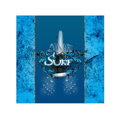 Surf, Surfboard With Water Drops On Blue Background Small Satin Scarf (square)  by FantasyWorld7