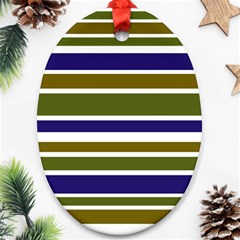 Olive Green Blue Stripes Pattern Oval Ornament (two Sides) by BrightVibesDesign