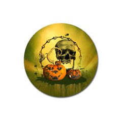 Halloween, Funny Pumpkins And Skull With Spider Magnet 3  (round) by FantasyWorld7