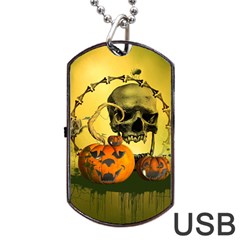Halloween, Funny Pumpkins And Skull With Spider Dog Tag Usb Flash (two Sides)  by FantasyWorld7