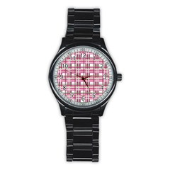 Pink Plaid Pattern Stainless Steel Round Watch by Valentinaart