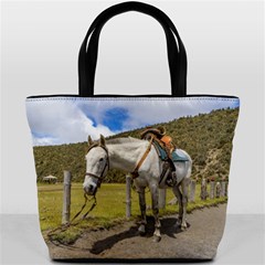 White Horse Tied Up At Cotopaxi National Park Ecuador Bucket Bags by dflcprints