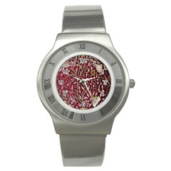 Crewel Fabric Tree Of Life Maroon Stainless Steel Watch by Amaryn4rt