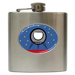 A Rocket Ship Sits On A Red Planet With Gold Stars In The Background Hip Flask (6 Oz) by Simbadda
