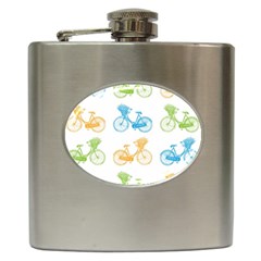 Vintage Bikes With Basket Of Flowers Colorful Wallpaper Background Illustration Hip Flask (6 Oz) by Simbadda