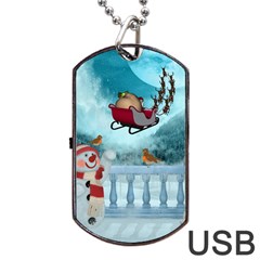 Christmas Design, Santa Claus With Reindeer In The Sky Dog Tag Usb Flash (two Sides) by FantasyWorld7