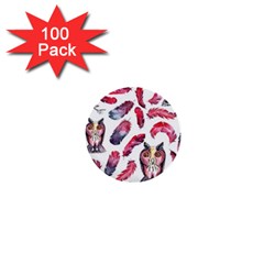 Boho Owl And Feather White Pattern 1  Mini Buttons (100 Pack)  by paulaoliveiradesign