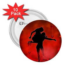 Dancing Couple On Red Background With Flowers And Hearts 2 25  Buttons (10 Pack)  by FantasyWorld7