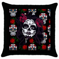 Mexican Skull Lady Throw Pillow Case (black) by snowwhitegirl