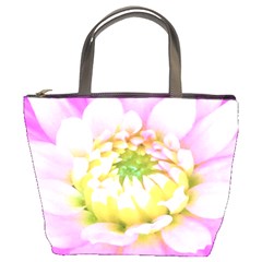 Pretty Pink, White And Yellow Cactus Dahlia Macro Bucket Bag by myrubiogarden