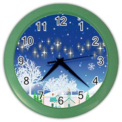 Snowflakes Snowy Landscape Reindeer Color Wall Clock by Wegoenart