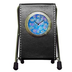 Snowflake Background Blue Purple Pen Holder Desk Clock by Wegoenart
