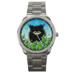 Kitten Black Furry Illustration Sport Metal Watch by Pakrebo