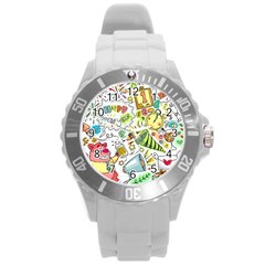 Doodle New Year Party Celebration Round Plastic Sport Watch (l) by Pakrebo