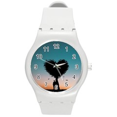 Tree Heart At Sunset Round Plastic Sport Watch (m) by WensdaiAmbrose