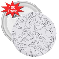 Organic Olive Leaves Pattern Hand Drawn Black And White 3  Buttons (100 Pack)  by genx