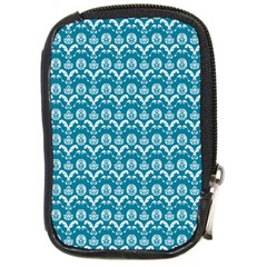Easter Damask Pattern Deep Teal Blue And White Compact Camera Leather Case by emilyzragz