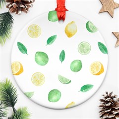 Lemon And Limes Yellow Green Watercolor Fruits With Citrus Leaves Pattern Ornament (round) by genx