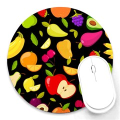 Vector Seamless Summer Fruits Pattern Black Background Round Mousepads by Vaneshart