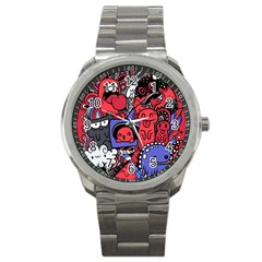 Abstract Grunge Urban Pattern With Monster Character Super Drawing Graffiti Style Vector Illustratio Sport Metal Watch by Nexatart