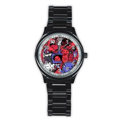 Abstract Grunge Urban Pattern With Monster Character Super Drawing Graffiti Style Vector Illustratio Stainless Steel Round Watch by Nexatart
