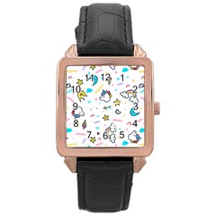 Unicorns Rainbows Seamless Pattern Rose Gold Leather Watch  by Wegoenart