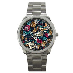 Vintage Art Tattoos Colorful Seamless Pattern Sport Metal Watch by Amaryn4rt