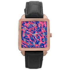 Blue And Pink Camouflage Pattern Rose Gold Leather Watch  by SpinnyChairDesigns