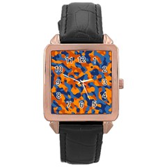 Blue And Orange Camouflage Pattern Rose Gold Leather Watch  by SpinnyChairDesigns