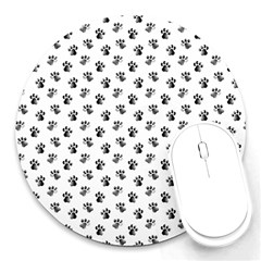 Cat Dog Animal Paw Prints Pattern Black And White Round Mousepads by SpinnyChairDesigns