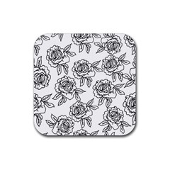 Line Art Black And White Rose Rubber Coaster (square)  by MintanArt