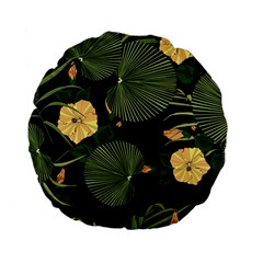 Tropical Vintage Yellow Hibiscus Floral Green Leaves Seamless Pattern Black Background  Standard 15  Premium Round Cushions by Sobalvarro