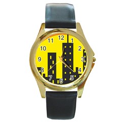 Skyline-city-building-sunset Round Gold Metal Watch by Sudhe