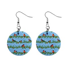 Bullfinches On Spruce Branches Mini Button Earrings by SychEva