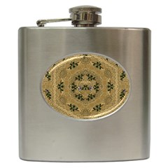 Wood Art With Beautiful Flowers And Leaves Mandala Hip Flask (6 Oz) by pepitasart