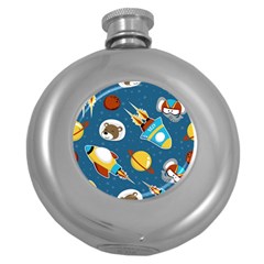 Seamless-pattern-vector-with-spacecraft-funny-animals-astronaut Round Hip Flask (5 Oz) by Jancukart
