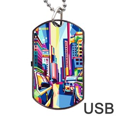 City-street-car-road-architecture Dog Tag Usb Flash (one Side) by Jancukart
