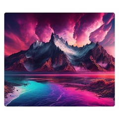 Ai Generated Mountain Ocean Lava Fire Sky Sea One Side Premium Plush Fleece Blanket (small) by Pakemis